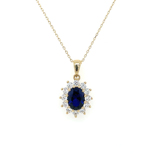 9ct Gold Created Sapphire & CZ Oval Cluster Pendant GPS87