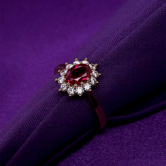 9ct Gold  Created Ruby & CZ Cluster Ring GRR146