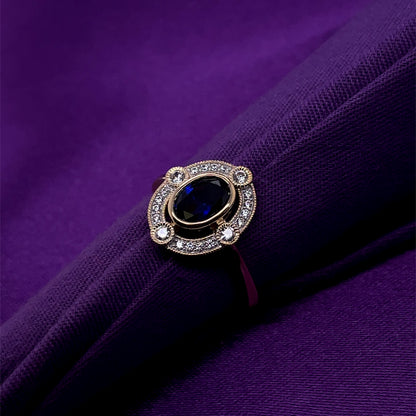 9ct  Gold Created Sapphire & CZ Vintage Style Ring GRS294