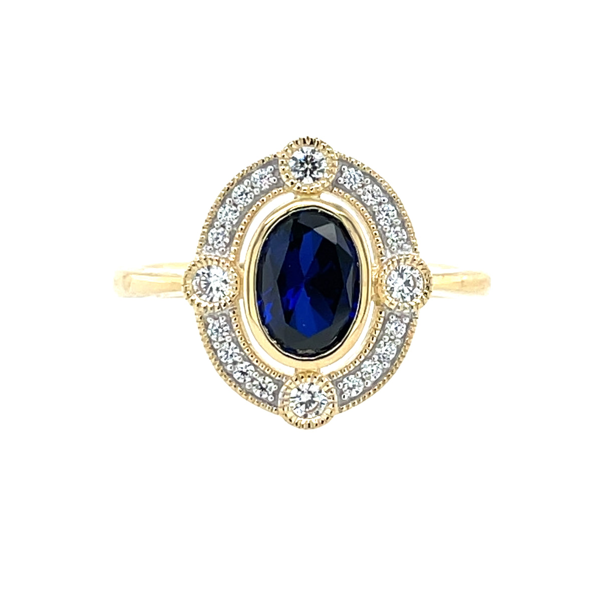 9ct  Gold Created Sapphire & CZ Vintage Style Ring GRS294
