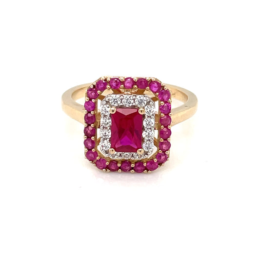 9ct Gold  Created Ruby & CZ Rectangular Halo Ring GRR088