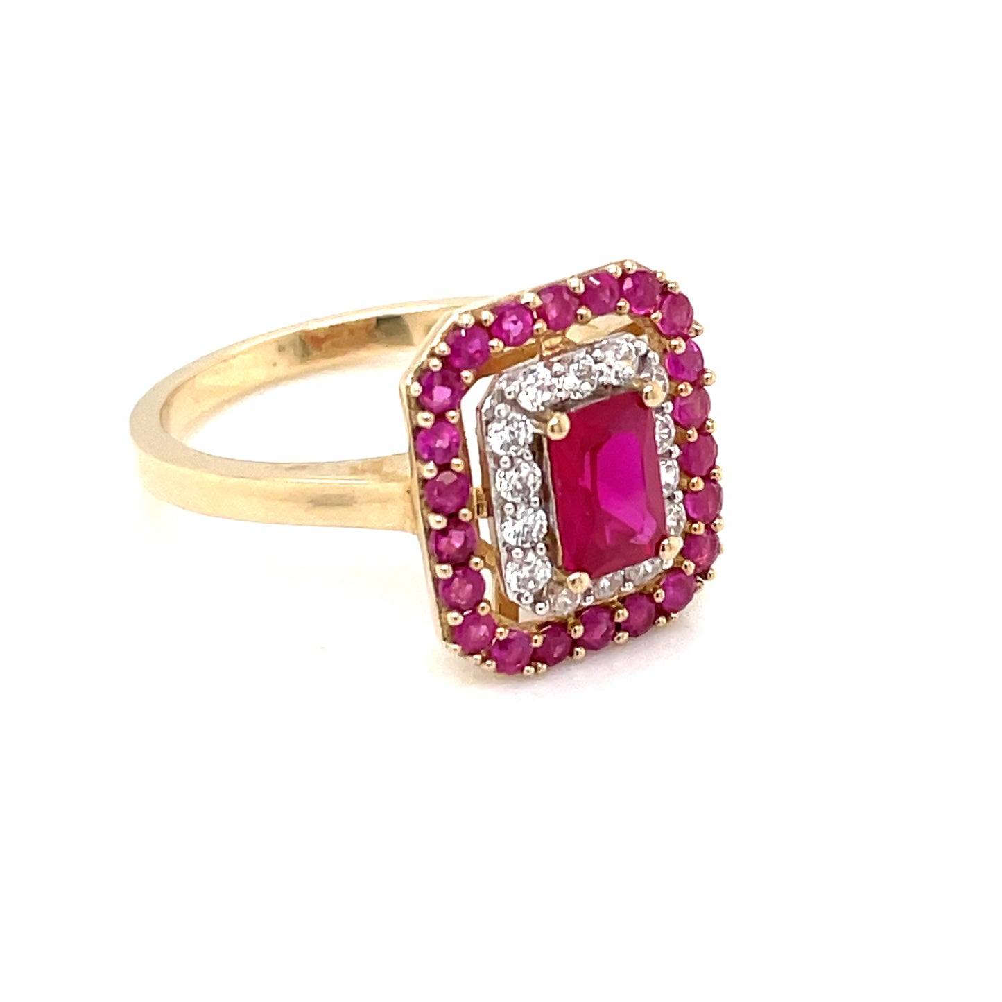 9ct Gold  Created Ruby & CZ Rectangular Halo Ring GRR088