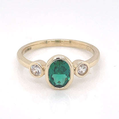 9ct Gold Created Emerald & CZ 3 Stone Ring GRE135