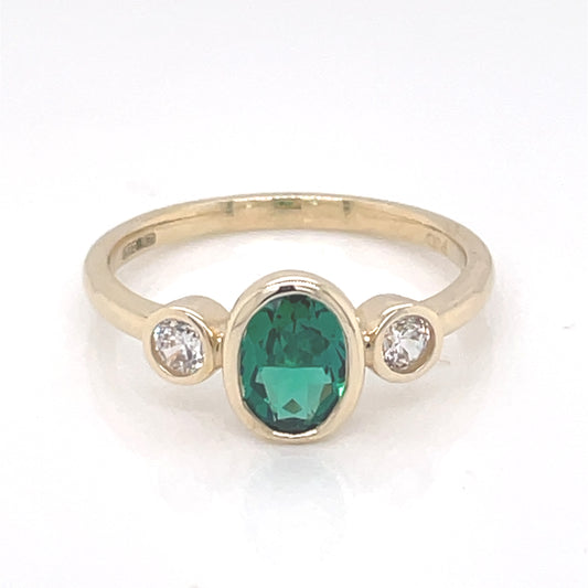 9ct Gold Created Emerald & CZ 3 Stone Ring GRE135