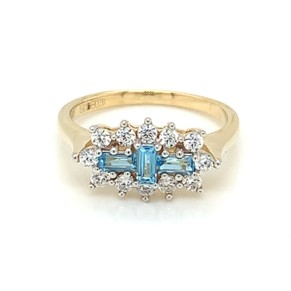 9ct Gold Blue Topaz & CZ Boat Cluster Ring GRX264