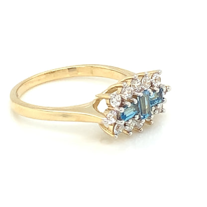 9ct Gold Blue Topaz & CZ Boat Cluster Ring GRX264