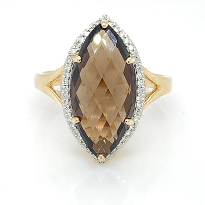 9ct Gold Marquise Smokey Quartz & Diamond Cocktail Ring GRX279