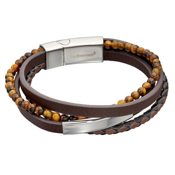 Fred Bennett Multi Row Brown Leather and Tigers Eye Bracelet with ID Bar B5404Y