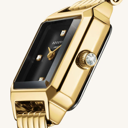 Rosefield Gold Boxelle Black Crystals Watch BBGSG-B08