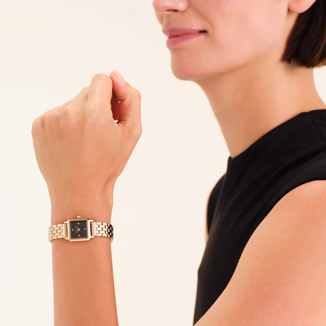 Rosefield Gold Boxelle Black Crystals Watch BBGSG-B08