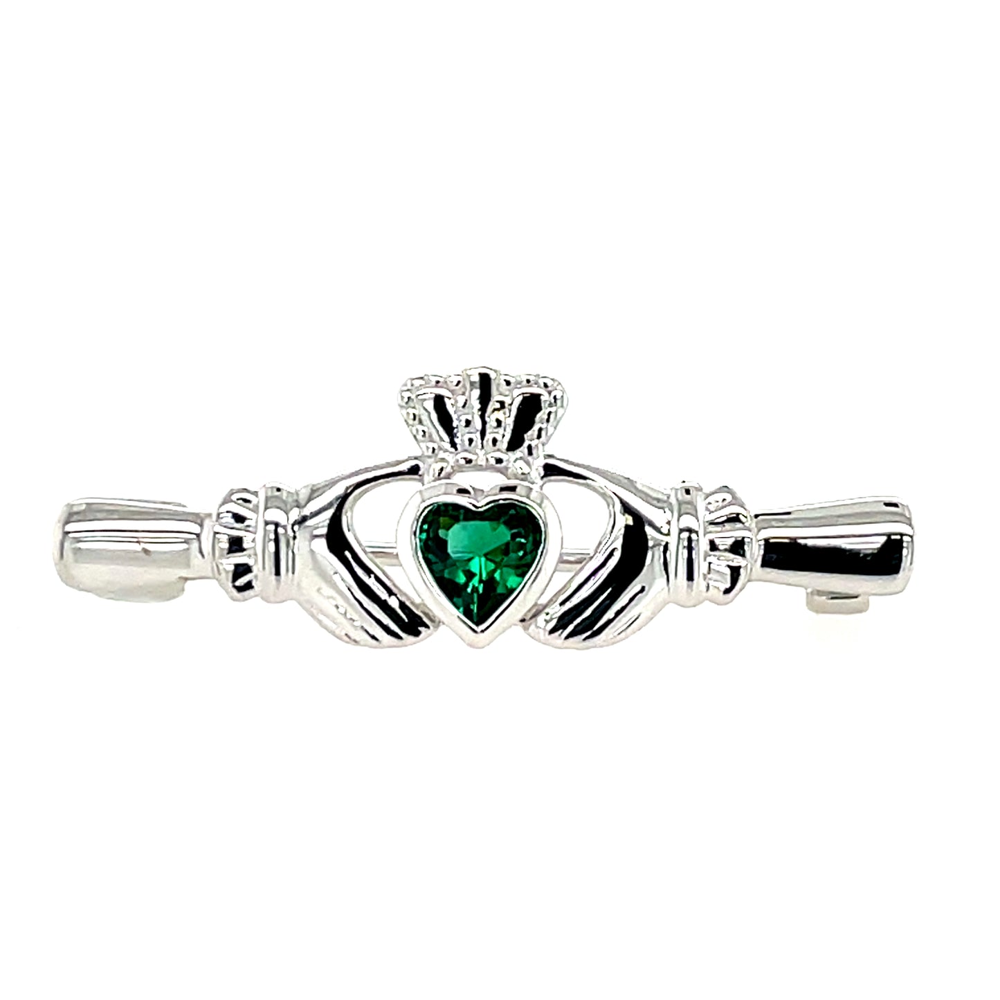 Sterling Silver Green CZ Claddagh Bar Brooch BR42
