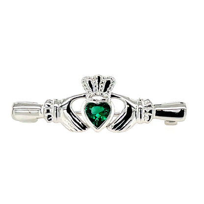 Sterling Silver Green CZ Claddagh Bar Brooch BR42