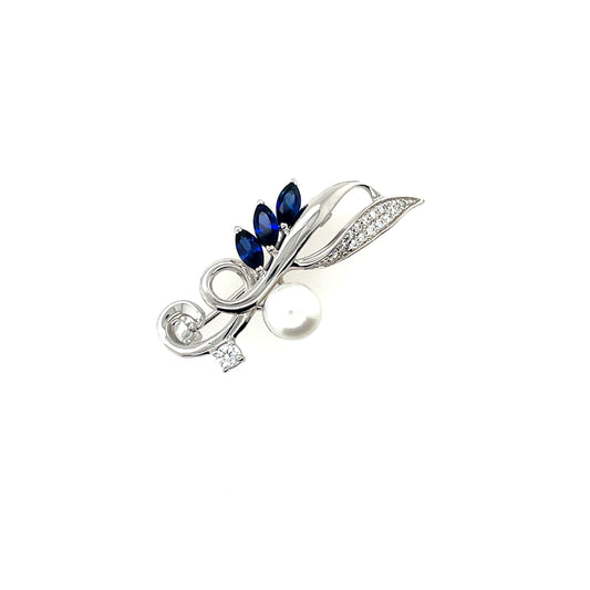 Sterling Silver Sapphire CZ Pearl Brooch BR79/S