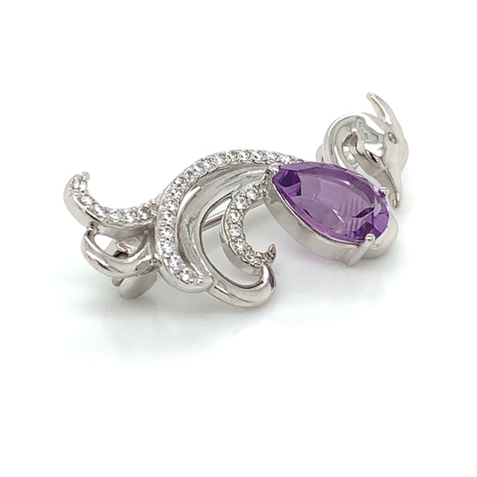 Sterling Silver Amethyst CZ Peacock Brooch BR91/A