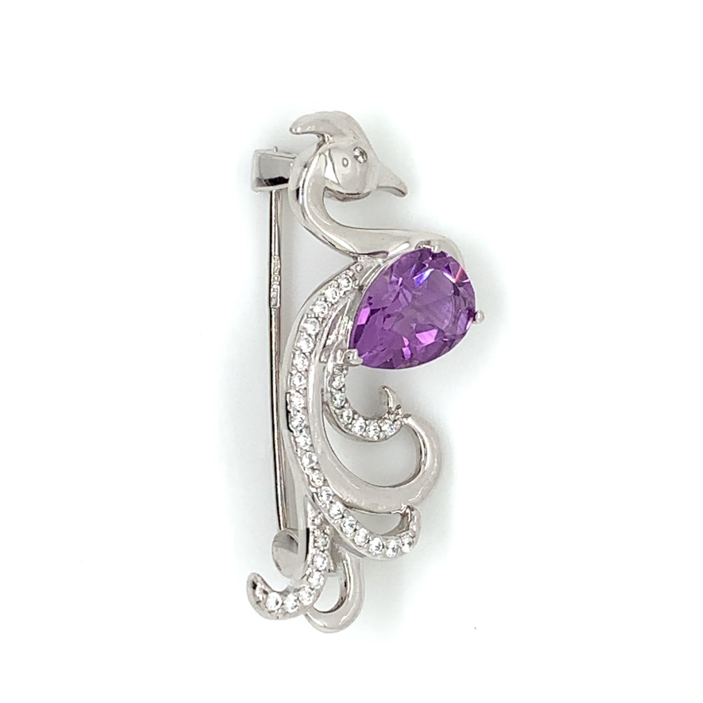 Sterling Silver Amethyst CZ Peacock Brooch