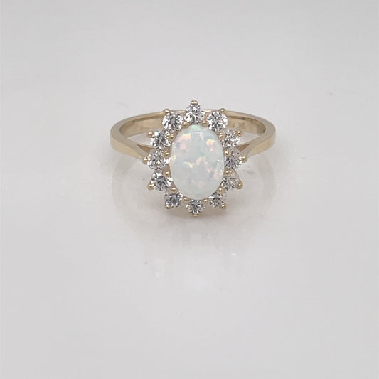 9ct Gold Synthetic Opal & CZ Cluster Ring GRL69