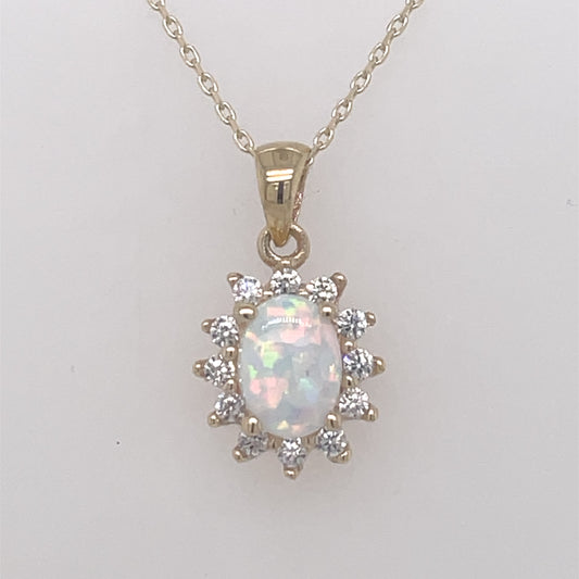 9ct Gold Opal & CZ Oval Cluster Pendant GPL58