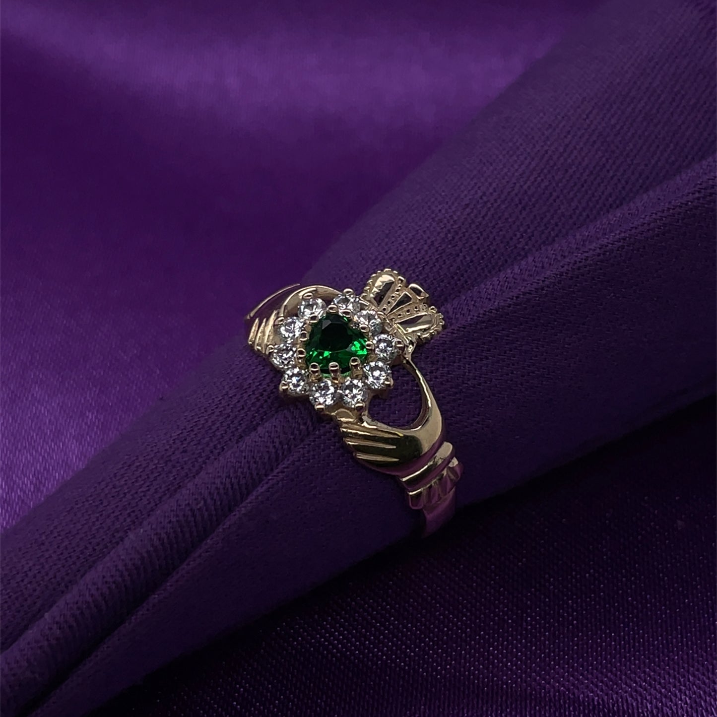 9ct Gold Green CZ Cluster Claddagh Ring GR499