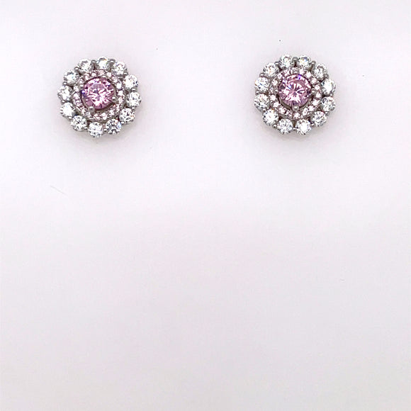 Silver Pink CZ Vintage Halo Stud Earrings CSE273