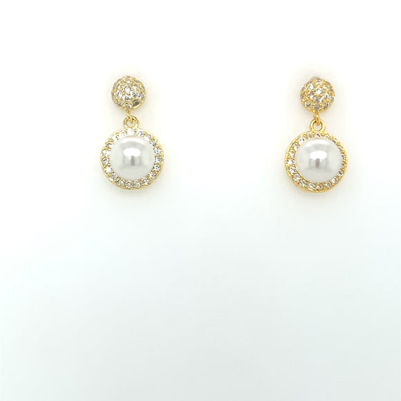 Sterling Silver 18ct Gold Neat Pearl CZ Drop Earrings CSE381