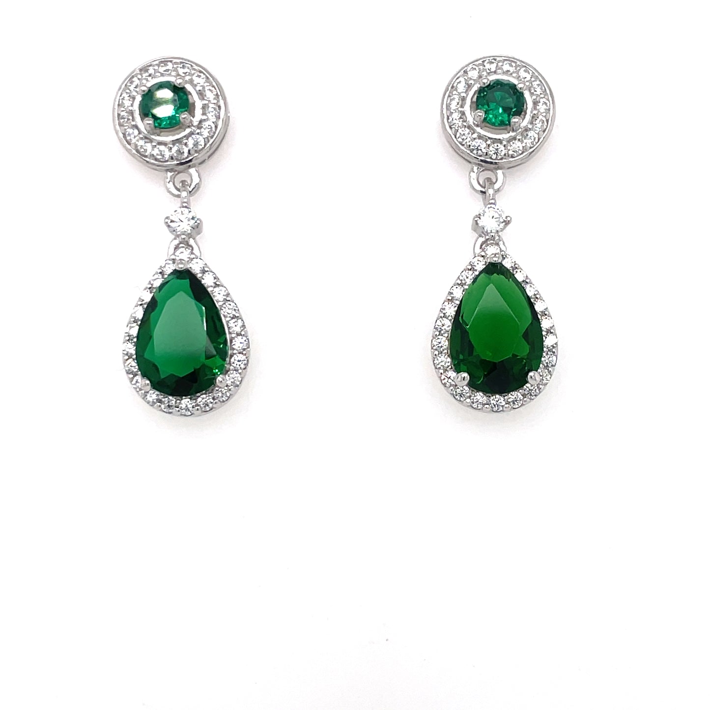 Sterling Silver Emerald CZ Teardrop Halo Earrings CSE409