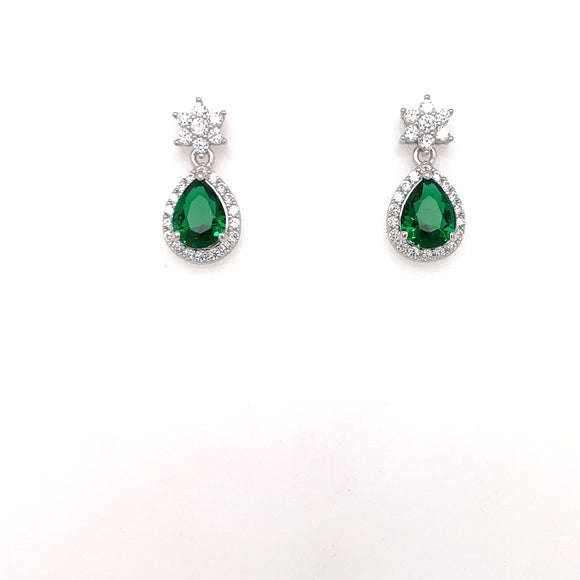 Sterling Silver Emerald CZ Teardrop Halo Earrings CSE413