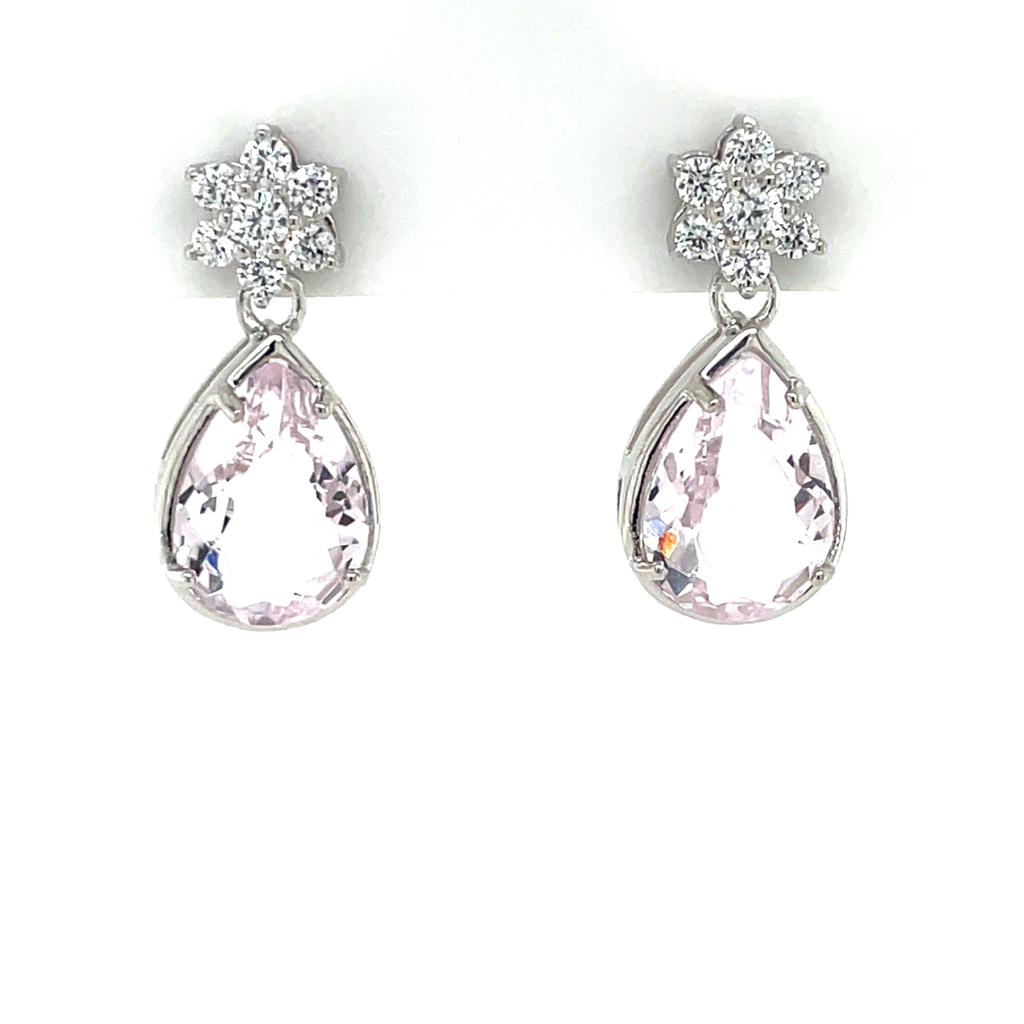 Silver Pink CZ Cluster Teardrop Earrings CSE422