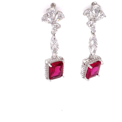 Sterling Silver Ruby CZ Vintage Style Long Drop Earrings CSE433