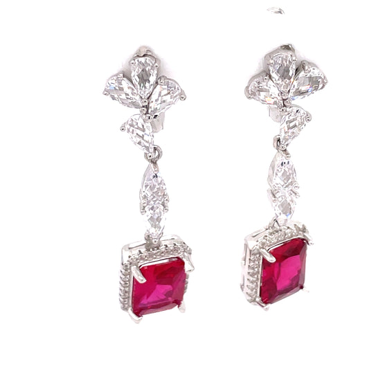 Sterling Silver Ruby CZ Vintage Style Long Drop Earrings CSE433