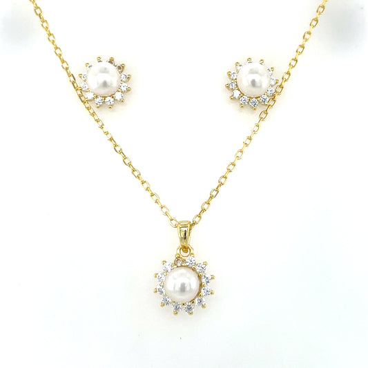 Sterling Silver Gold-plated Drop Pearl & CZ Pendant & Earring Set CSS341