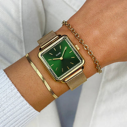 CLUSE La Tétragone Watch Mesh stones Green, Gold Colour CW10309