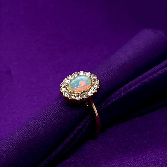 18ct Gold Real Opal & Diamond Cluster Ring GRL78
