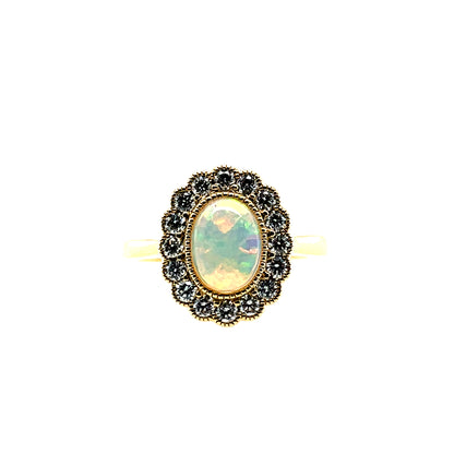 18ct Gold Real Opal & Diamond Cluster Ring GRL78