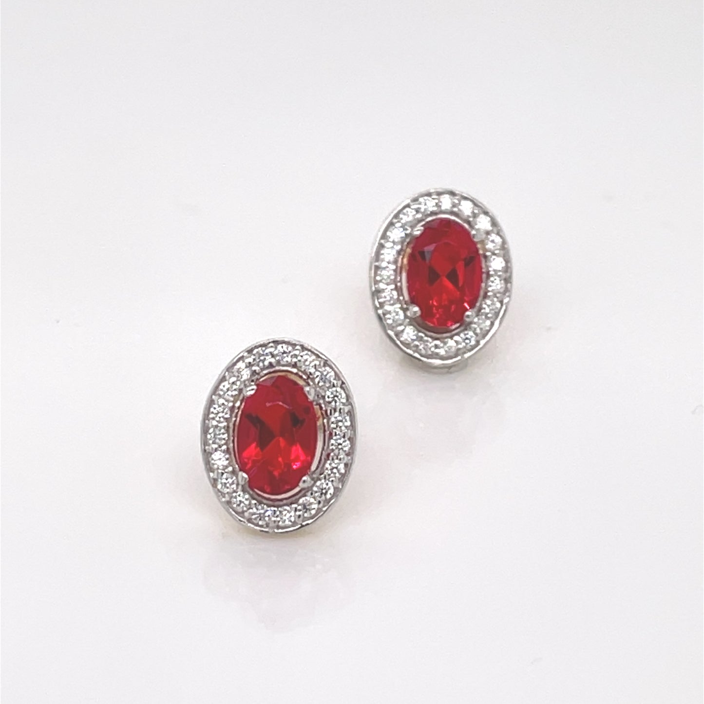 9ct Gold Syn Ruby & CZ Oval Halo Stud Earrings GER79