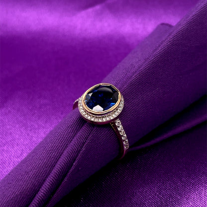 9ct Gold Created Sapphire & CZ Oval Pavé Cluster Ring GRS285