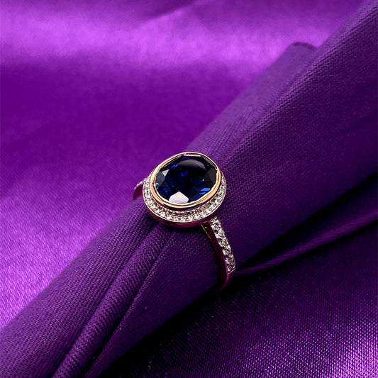 9ct Gold Created Sapphire & CZ Oval Pavé Cluster Ring GRS285