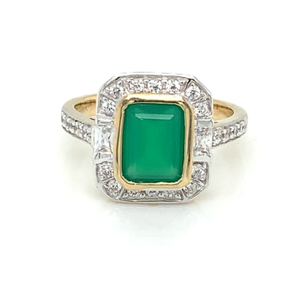 9ct Gold Green Agate & CZ Deco Style Ring GRE140