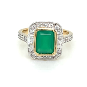 9ct Gold Green Agate & CZ Deco Style Ring GRE117