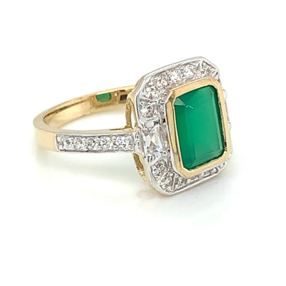 9ct Gold Green Agate & CZ Deco Style Ring GRE140