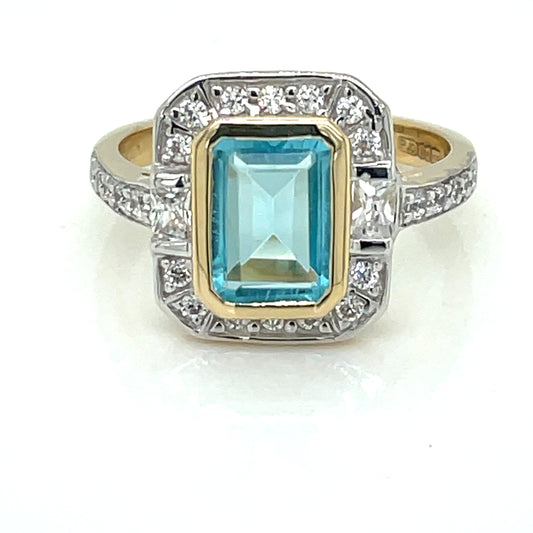 9ct Gold Blue Topaz & CZ Deco Style Ring GRX278