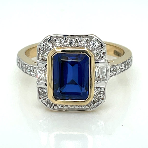 9ct Gold Sapphire & CZ Deco Style Ring GRS240