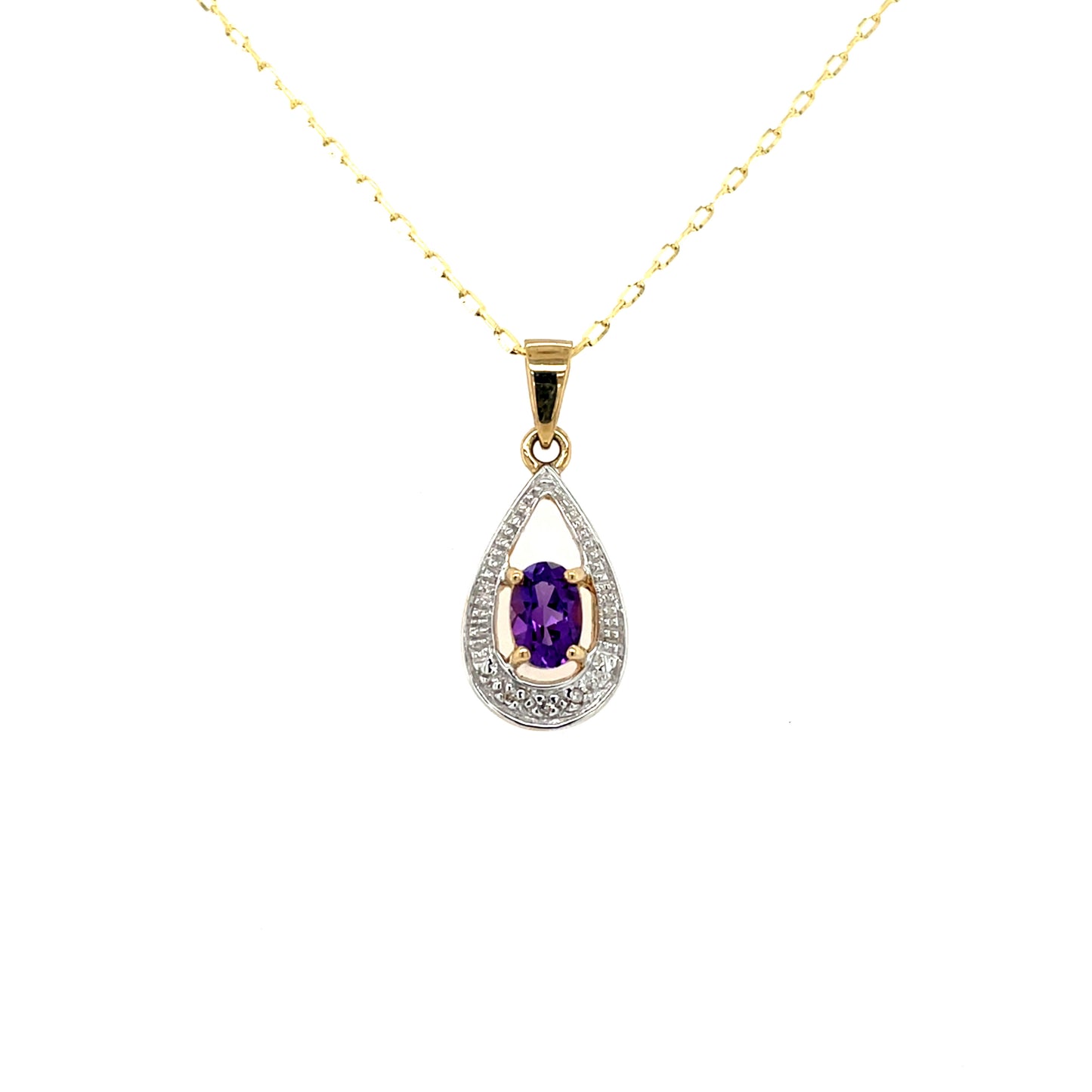 9ct Gold Amethyst & Diamond Teardrop Pendant GPX204