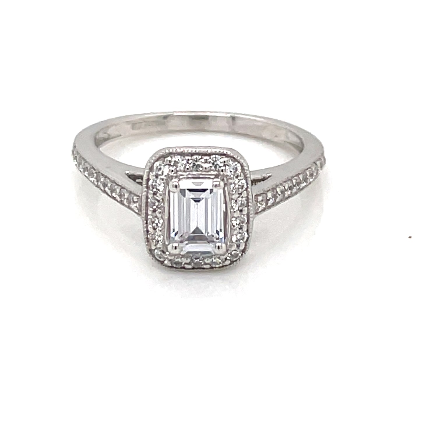 9ct White Gold Rectangular CZ Halo Ring Pavé Shoulders WRZ149