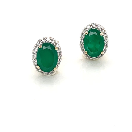 9ct Gold CZ Green Agate Oval Halo Stud Earrings GEE64