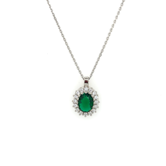 Sterling Silver Green CZ Oval Cluster Pendant