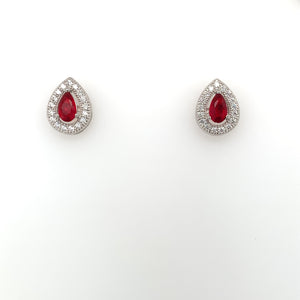 Sterling Silver Red Cz Vintage Pear Halo Stud Earrings