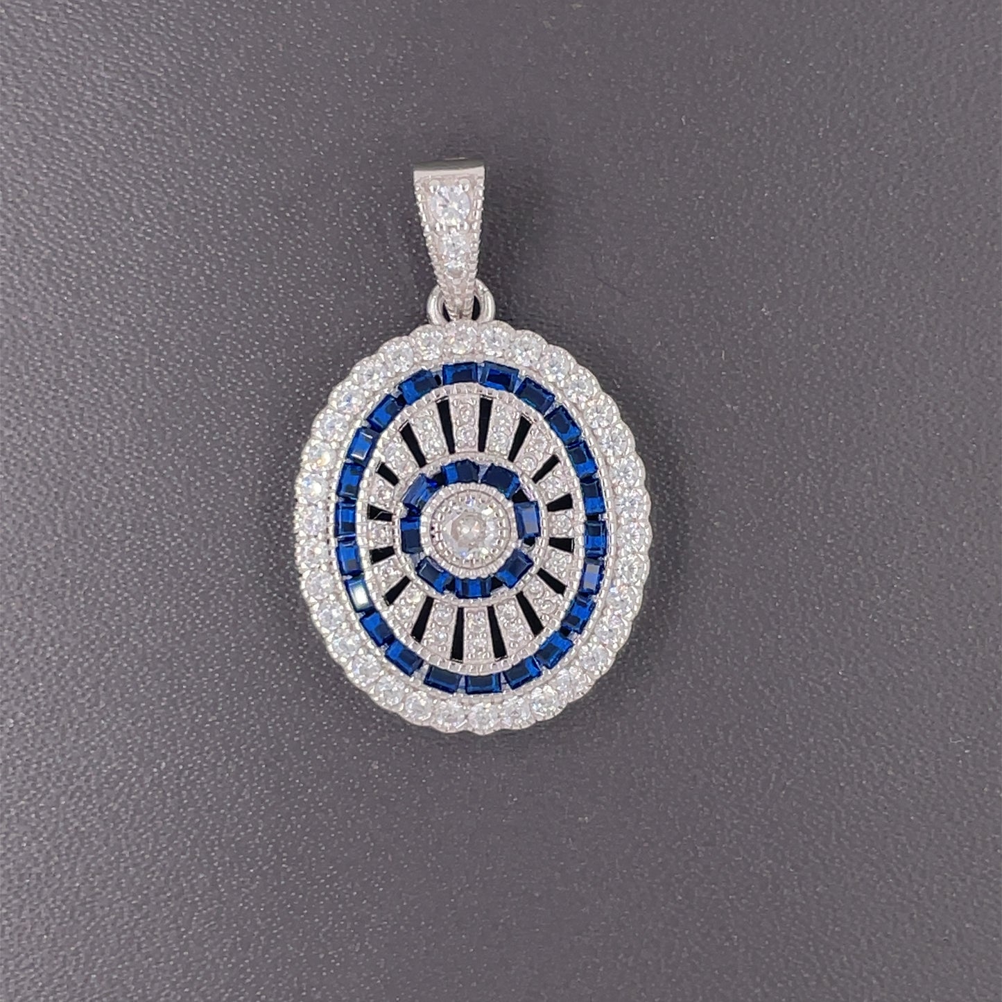 Sterling Silver Sapphire CZ Oval Deco-style Pendant ED897