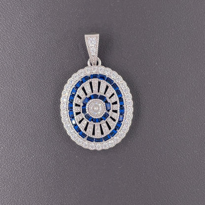 Sterling Silver Sapphire CZ Oval Deco-style Pendant ED897