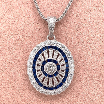 Sterling Silver Sapphire CZ Oval Deco-style Pendant ED897