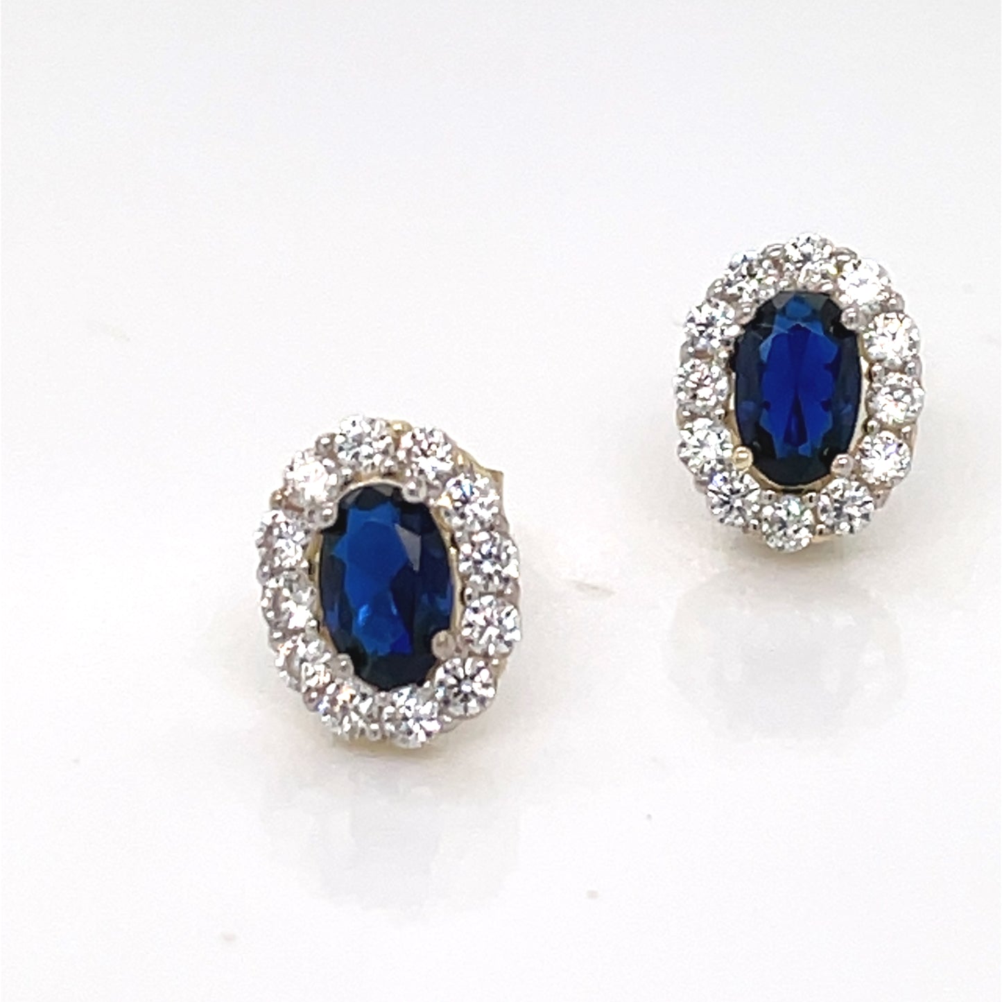 9ct Gold Synthetic Sapphire & CZ Oval Cluster Stud Earrings GES102